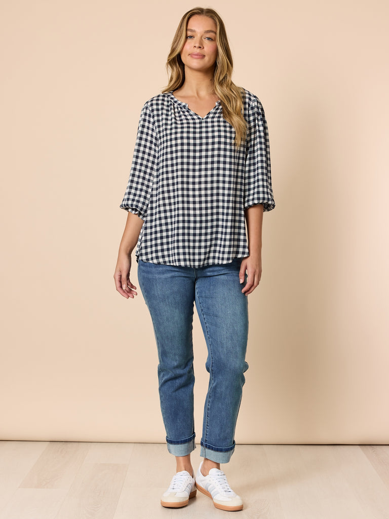 Gingham Check Print Top - Navy/Ivory