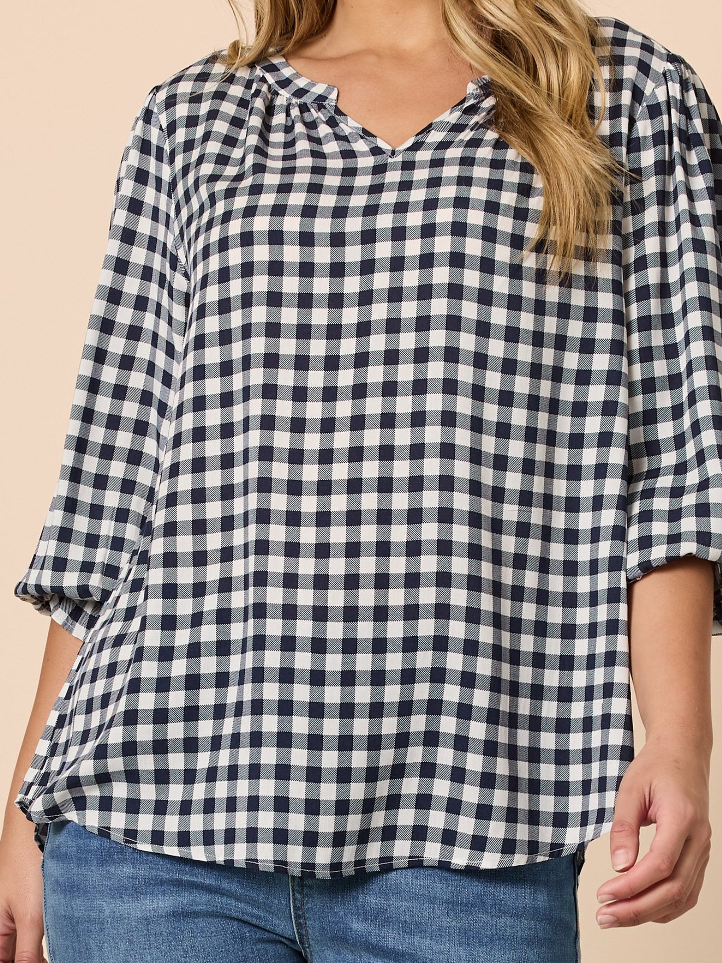 Gingham Check Print Top - Navy/Ivory