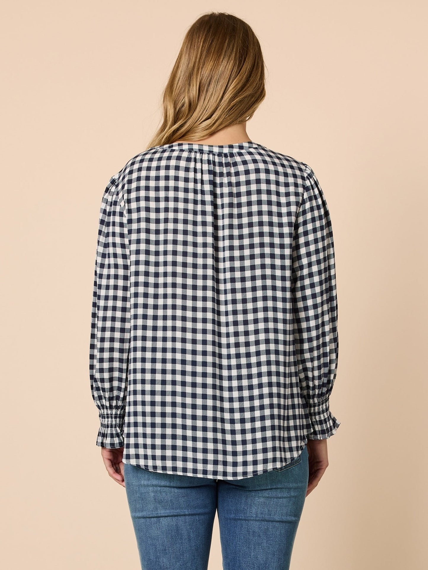 Gingham Check Print Top - Navy/Ivory