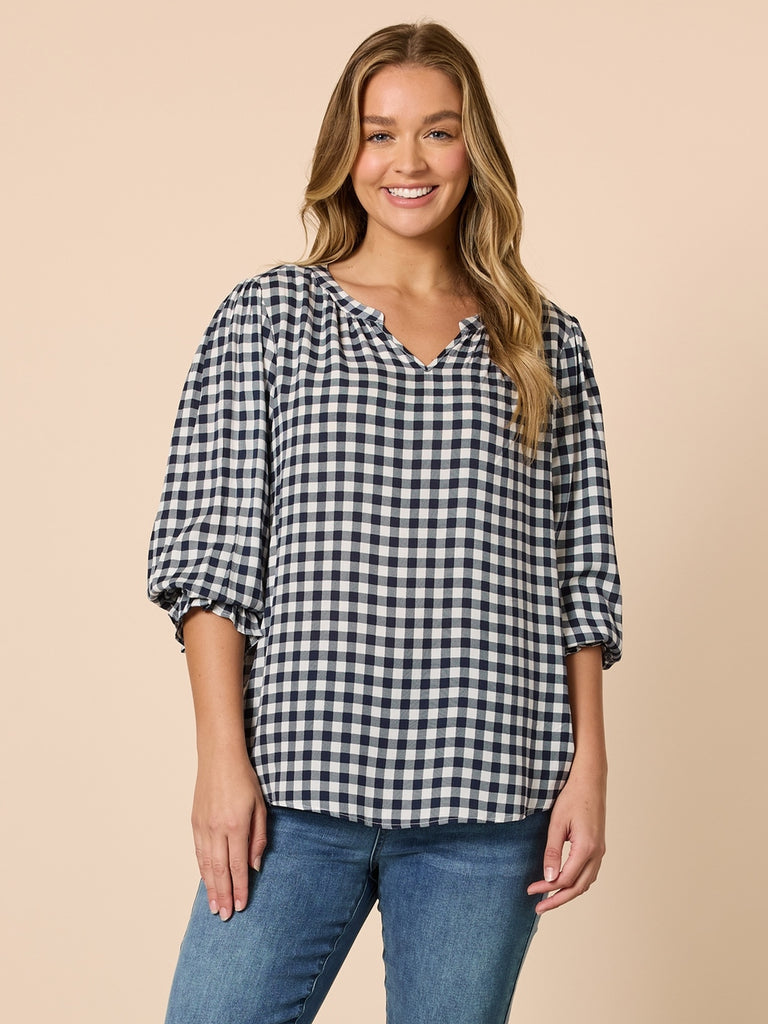 Gingham Check Print Top - Navy/Ivory