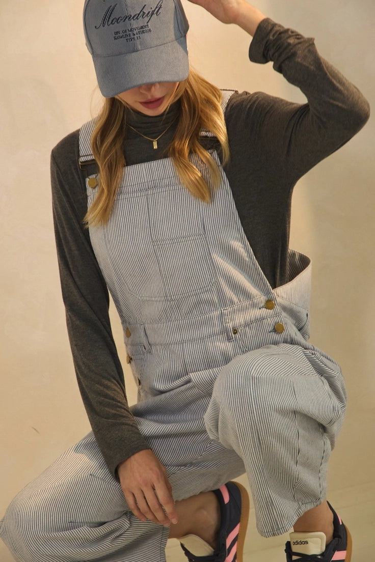 Pinstriped Barrel Leg Overalls- Blue
