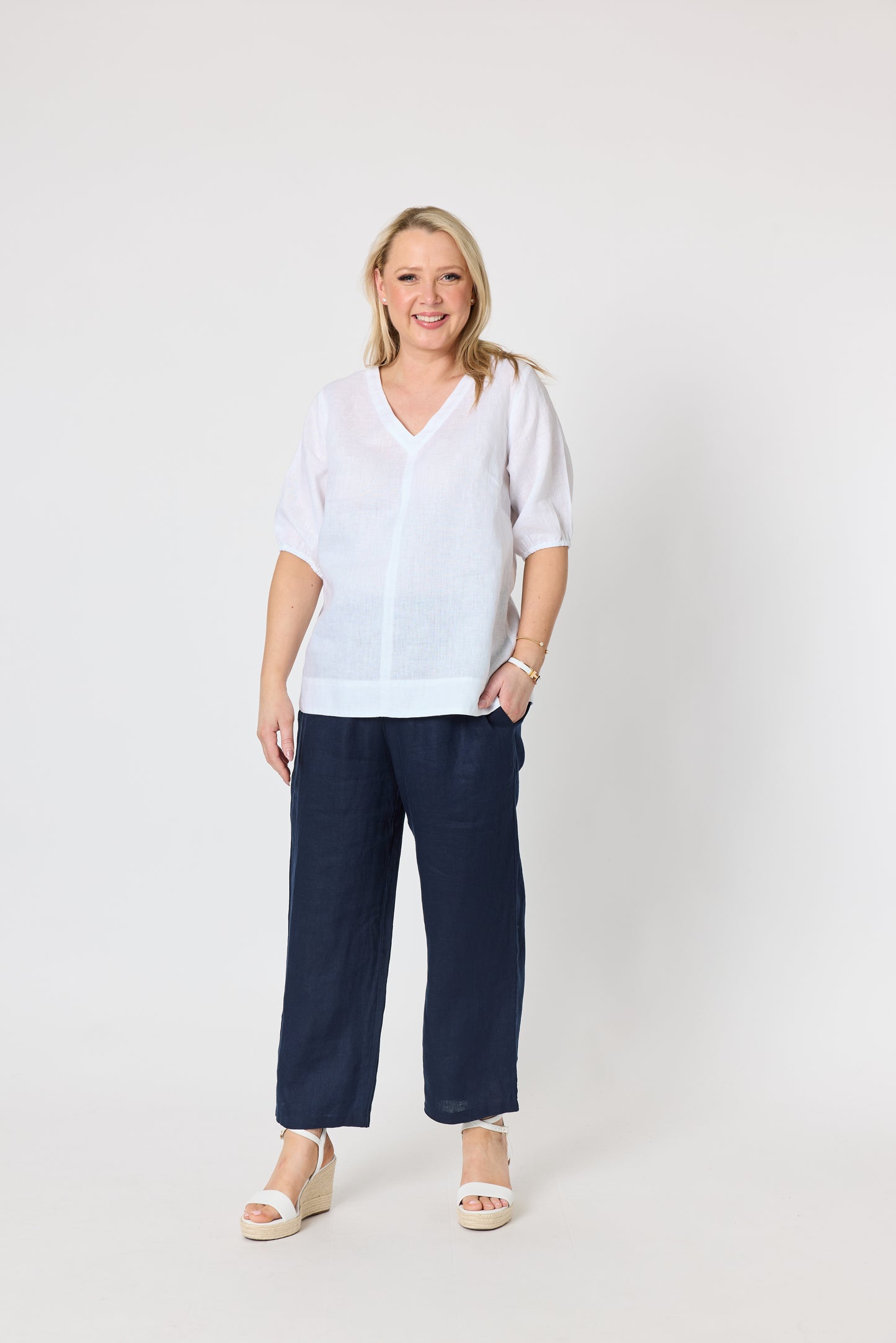 Anna V-Neck Linen Top - White