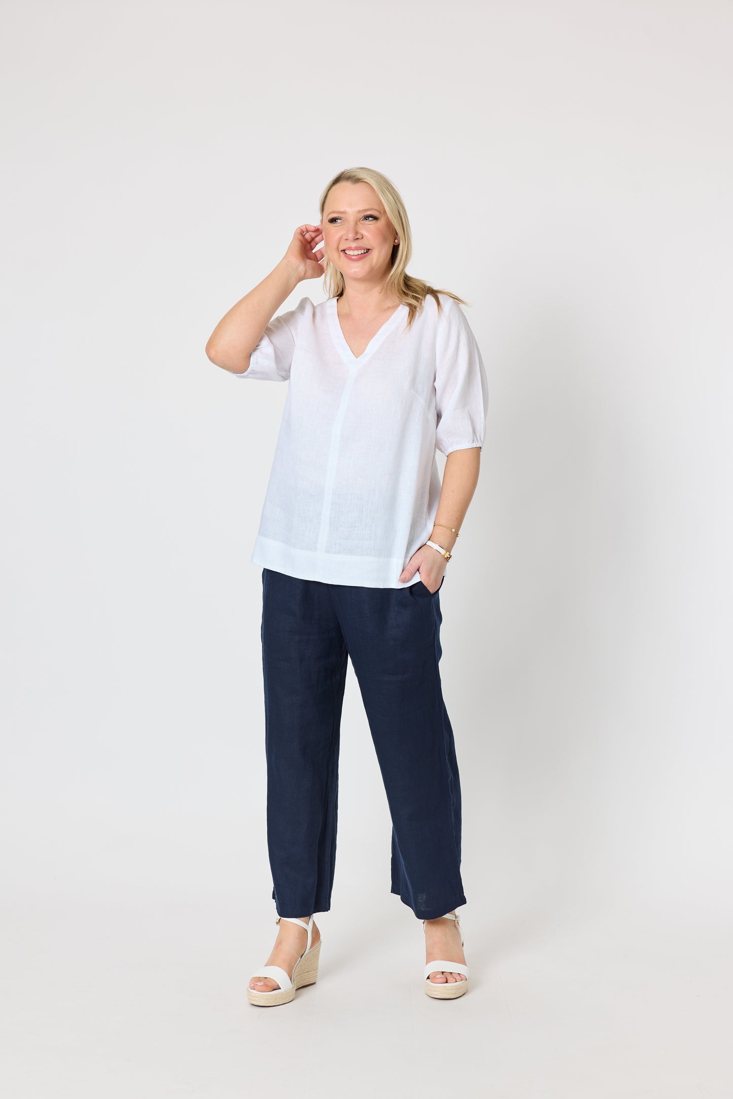 Anna V-Neck Linen Top - White