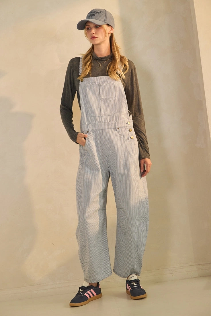 Pinstriped Barrel Leg Overalls- Blue