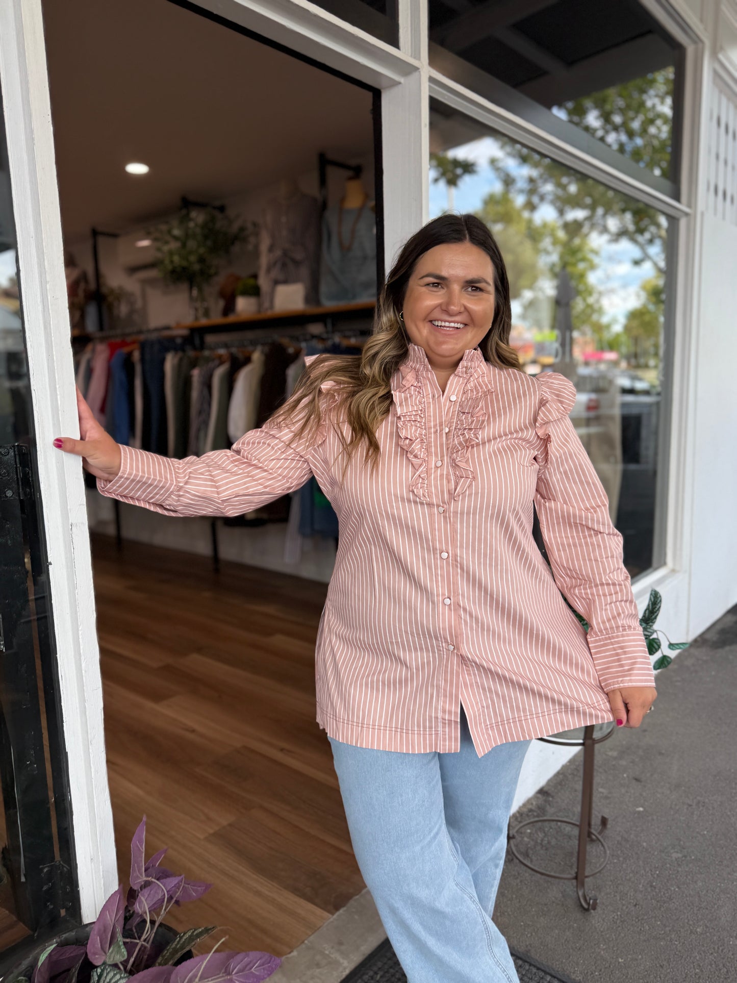 Rue Frill Shirt- Rosewater Stripe