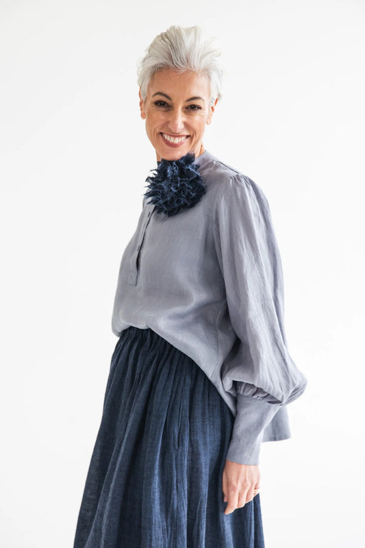 Fabric Flower Brooch - Navy Gauze