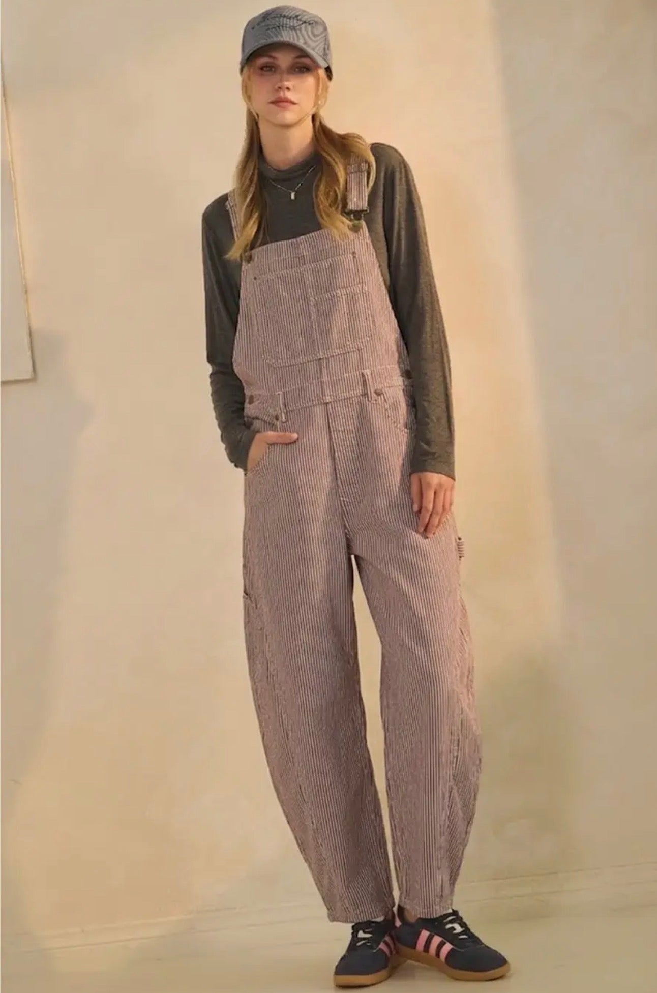 Brown Pinstripe Barrel Leg Overalls
