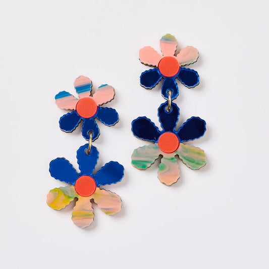 Twin Daisy Chain Earrings- Blue/Peach