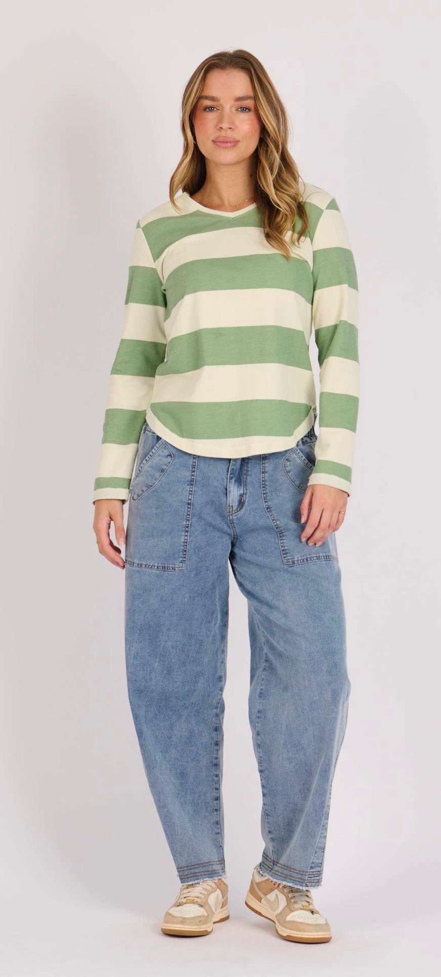 V Neck Long Sleeve Tee - Green Stripe