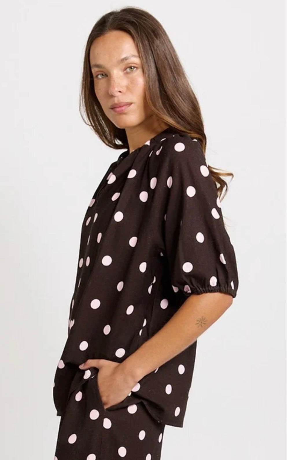 Joanne Linen Blend Blouse - Pink/Choc Polka Dot