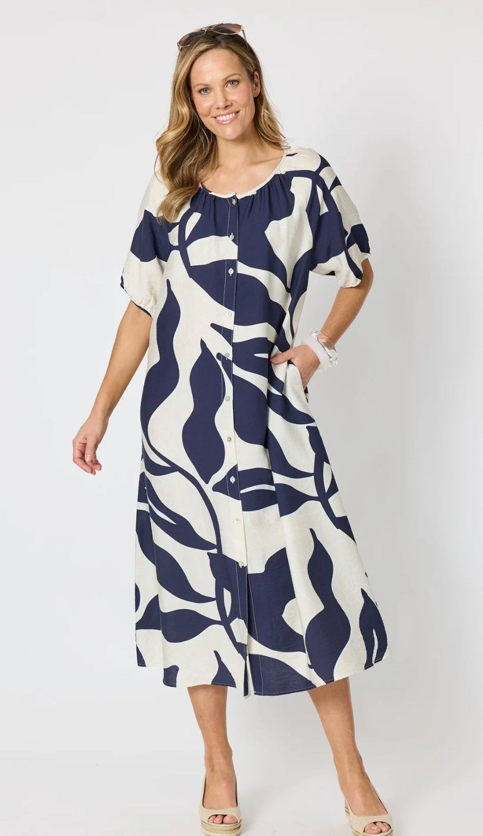 Bay Leaf Print Midi Dress - Navy
