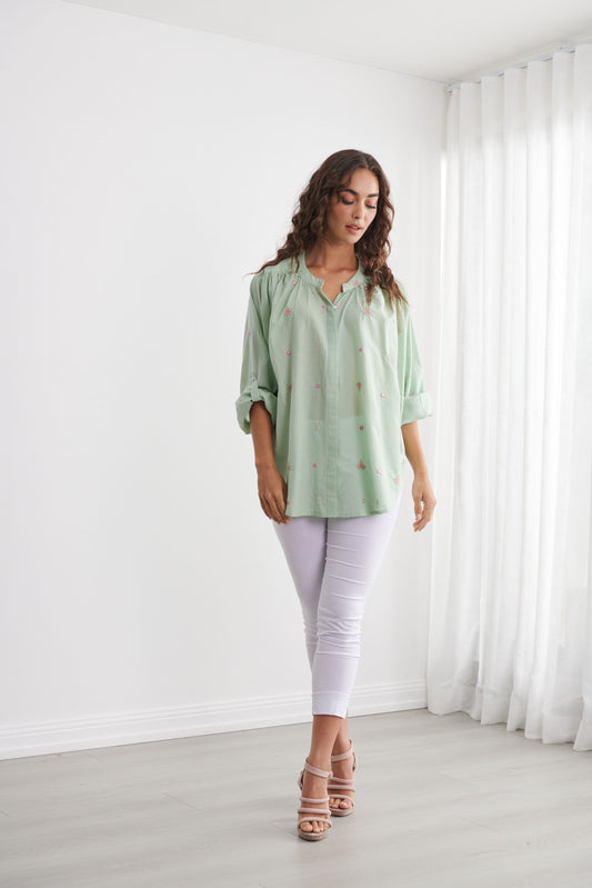 Caju Embroided Hidden Button Shirt - Green