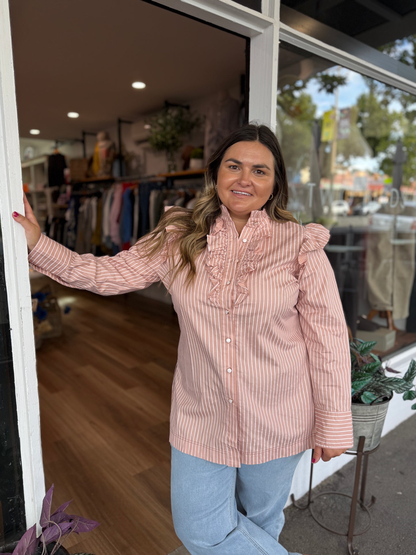 Rue Frill Shirt- Rosewater Stripe