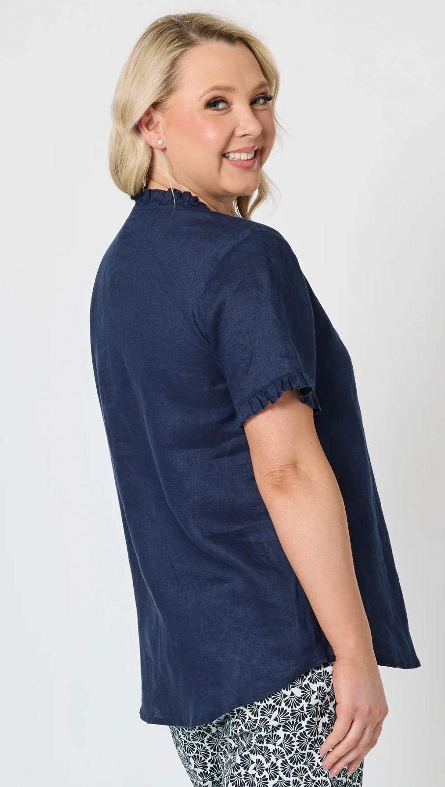 Audrey Ruffle Linen Top - Navy