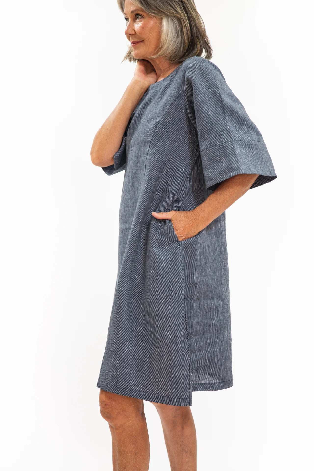 Avery Dress- Navy Pinstripe