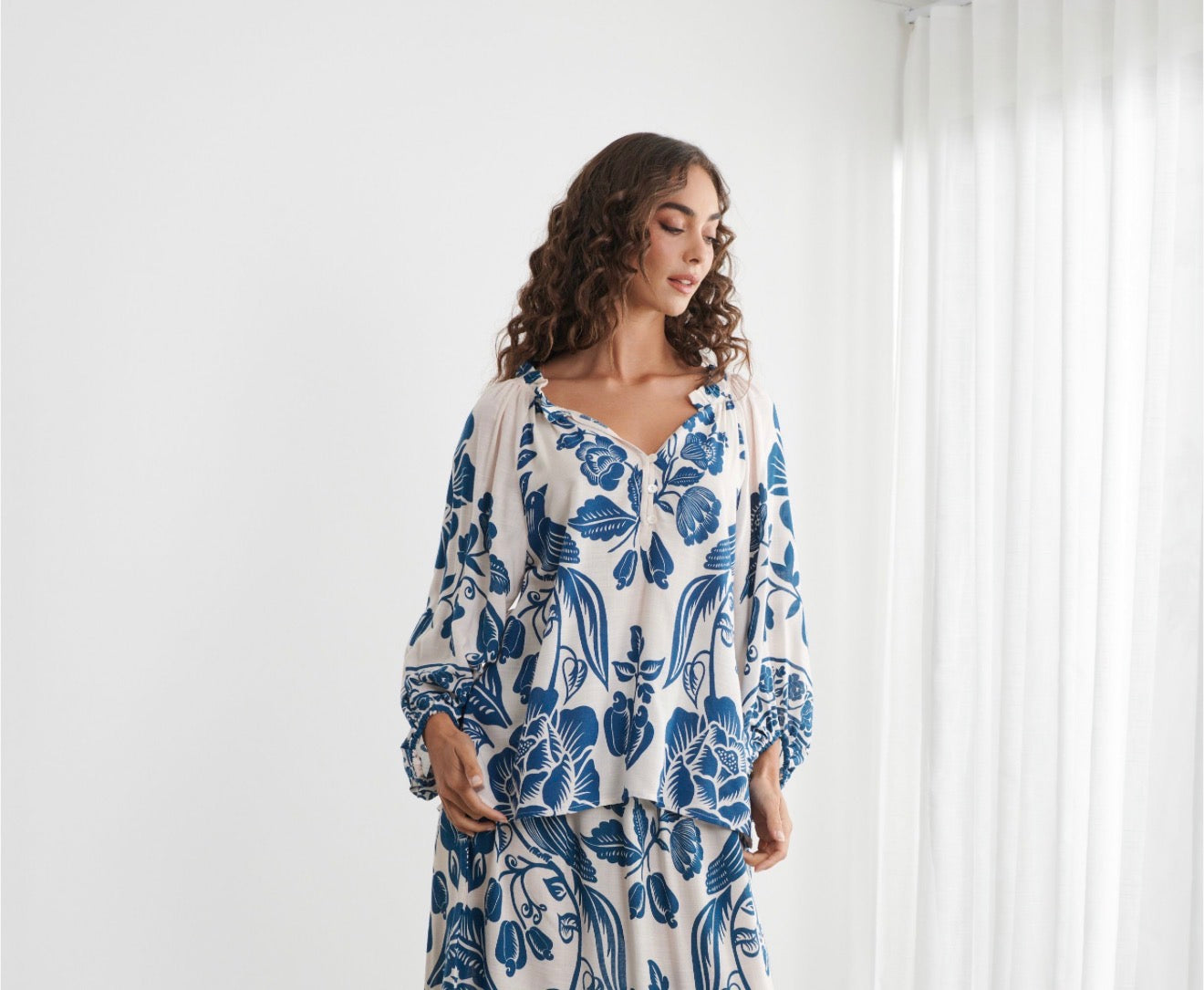 Caju Gathered Neck Printed Blouse - Blue