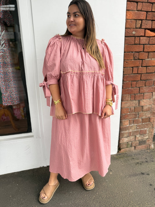 Matilda Bow Top - Flamingo Gingham
