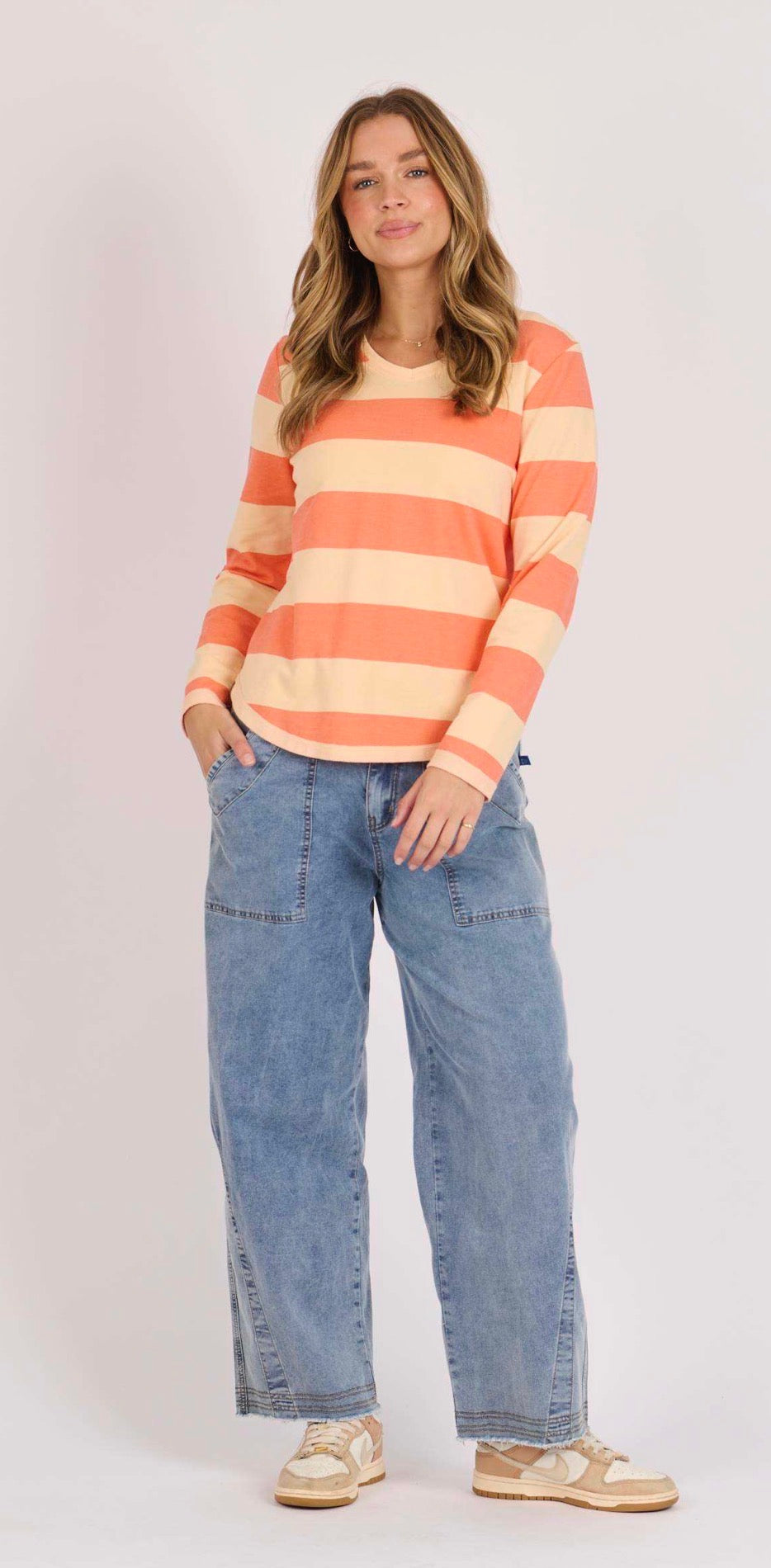 V Neck Long Sleeve Tee - Coral Stripe