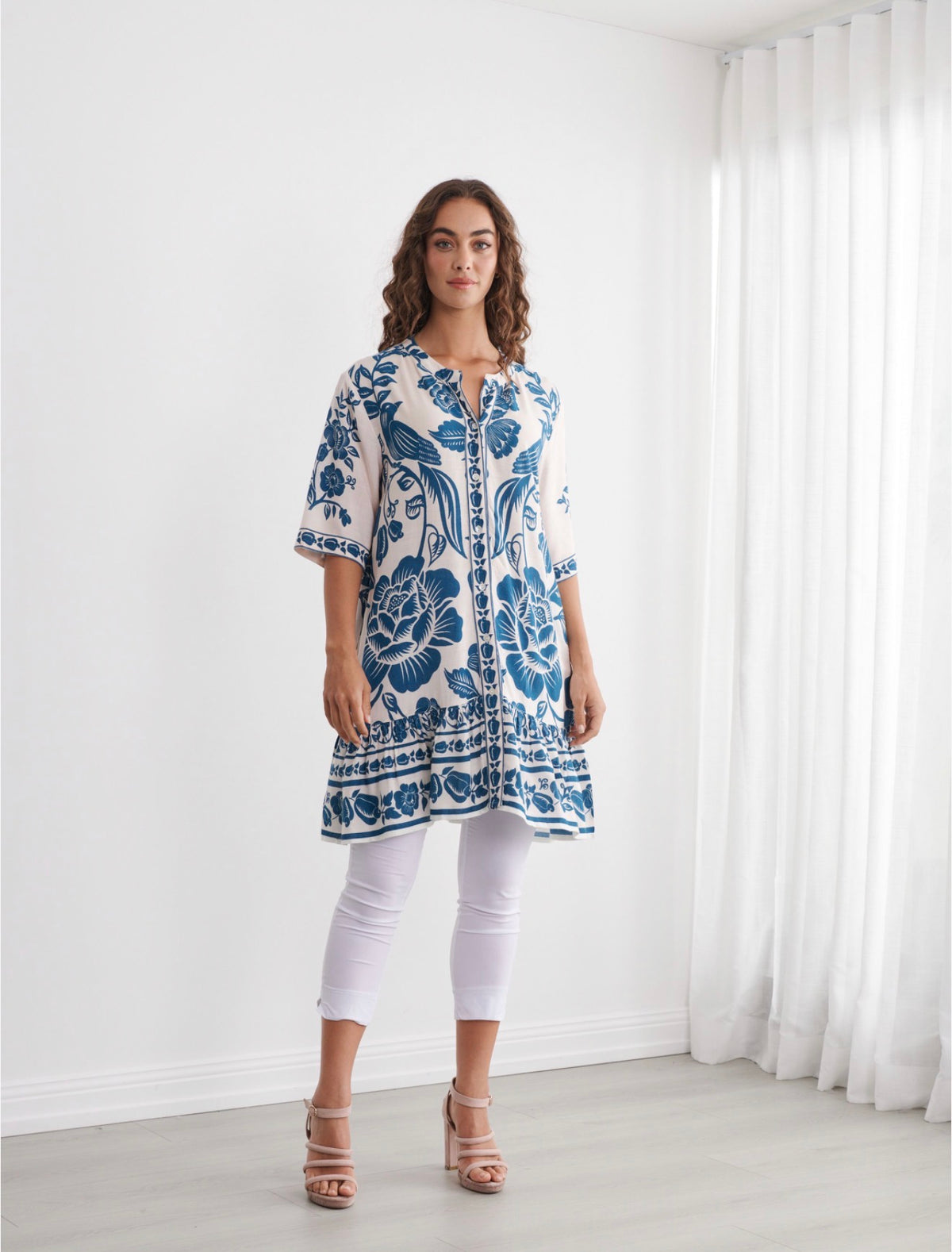 Caju Drop Waist Printed Dress Blue / White