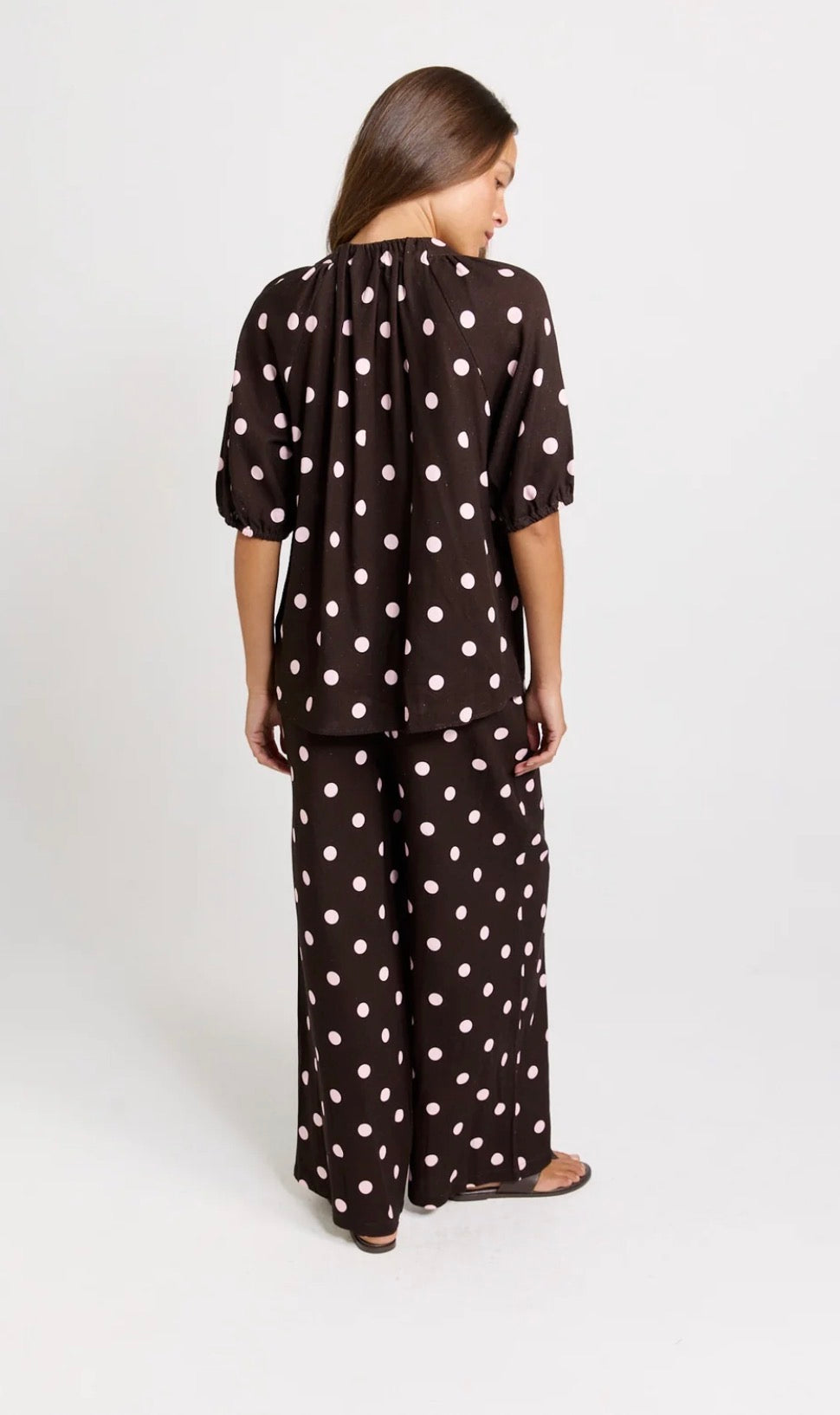 Joanne Linen Blend Blouse - Pink/Choc Polka Dot
