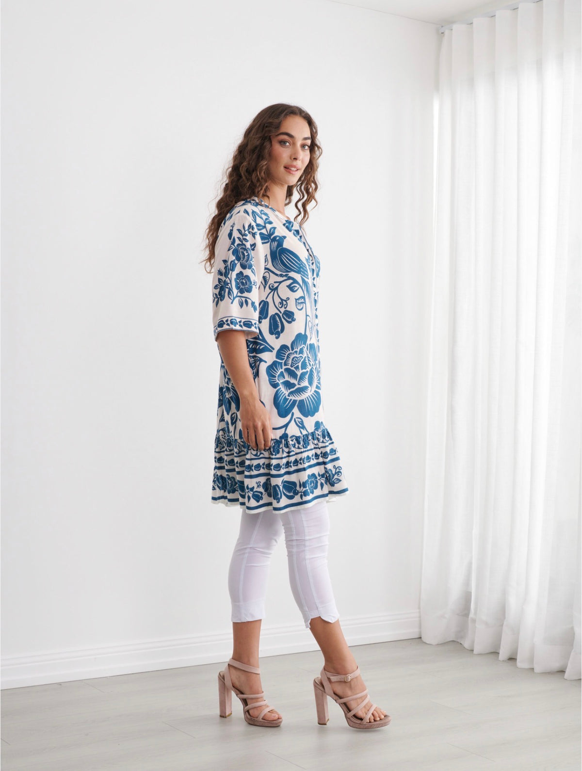Caju Drop Waist Printed Dress Blue / White
