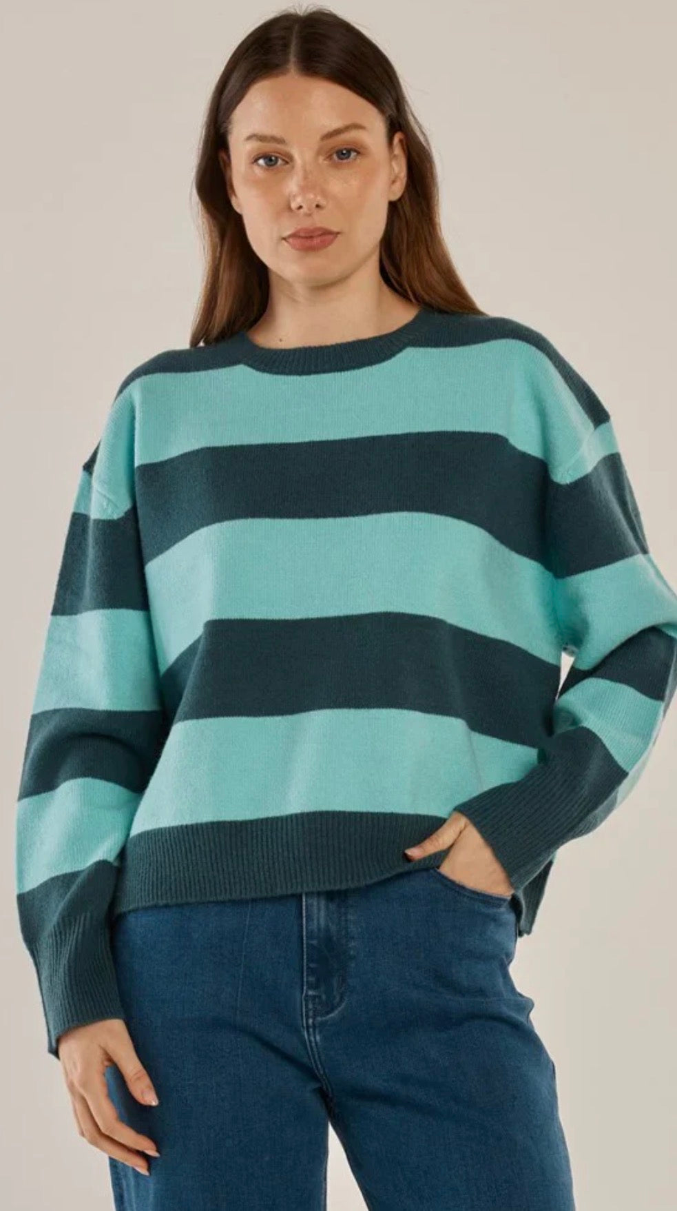 Leonie Knit Sweater - Green/Blue Stripe