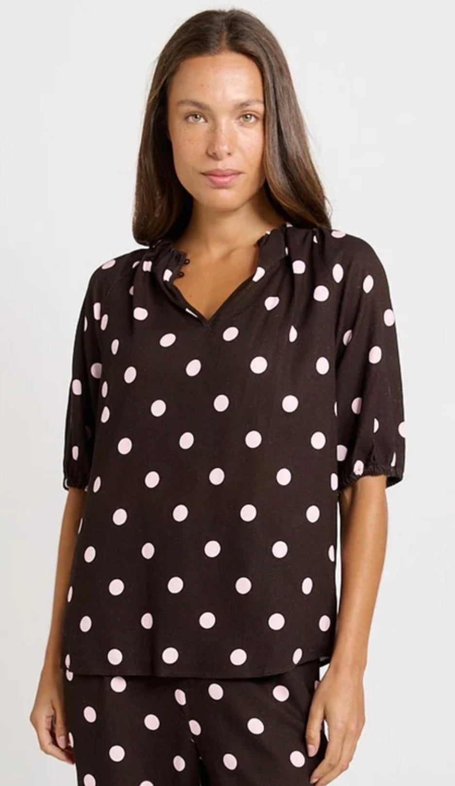 Joanne Linen Blend Blouse - Pink/Choc Polka Dot