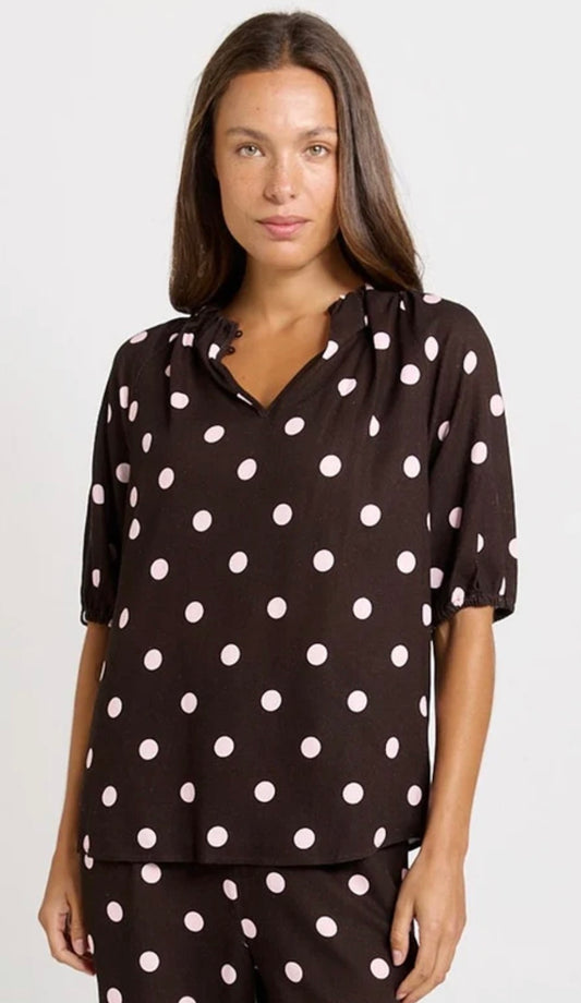 Joanne Linen Blend Blouse - Pink/Choc Polka Dot