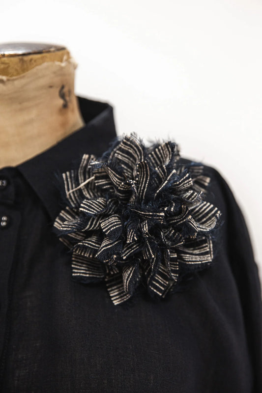 Fabric Flower Brooch - Raven Stripe