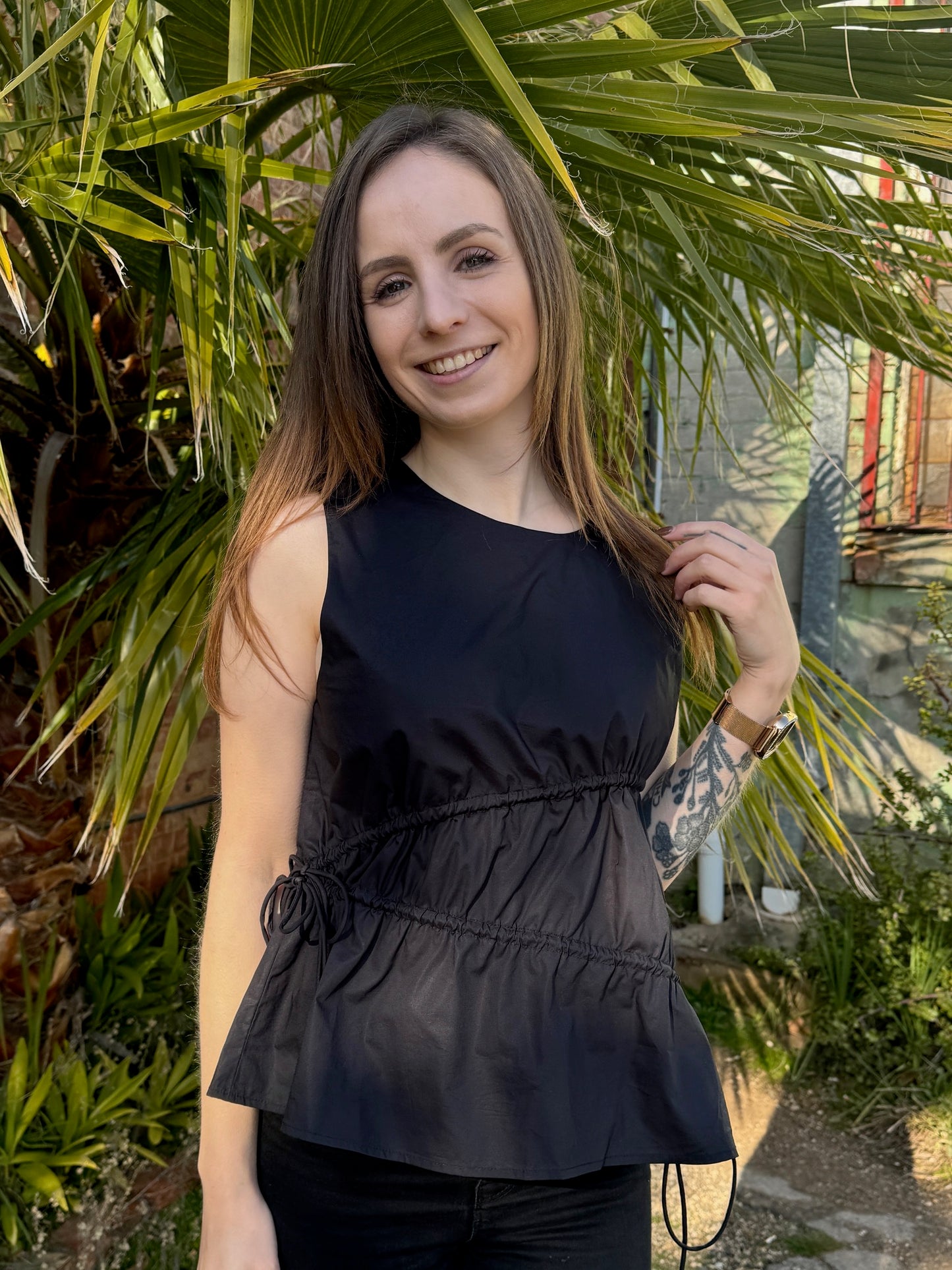 Elin Gathered Tie Top - Black