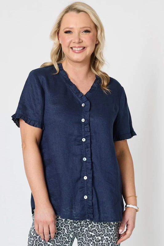 Audrey Ruffle Linen Top - Navy