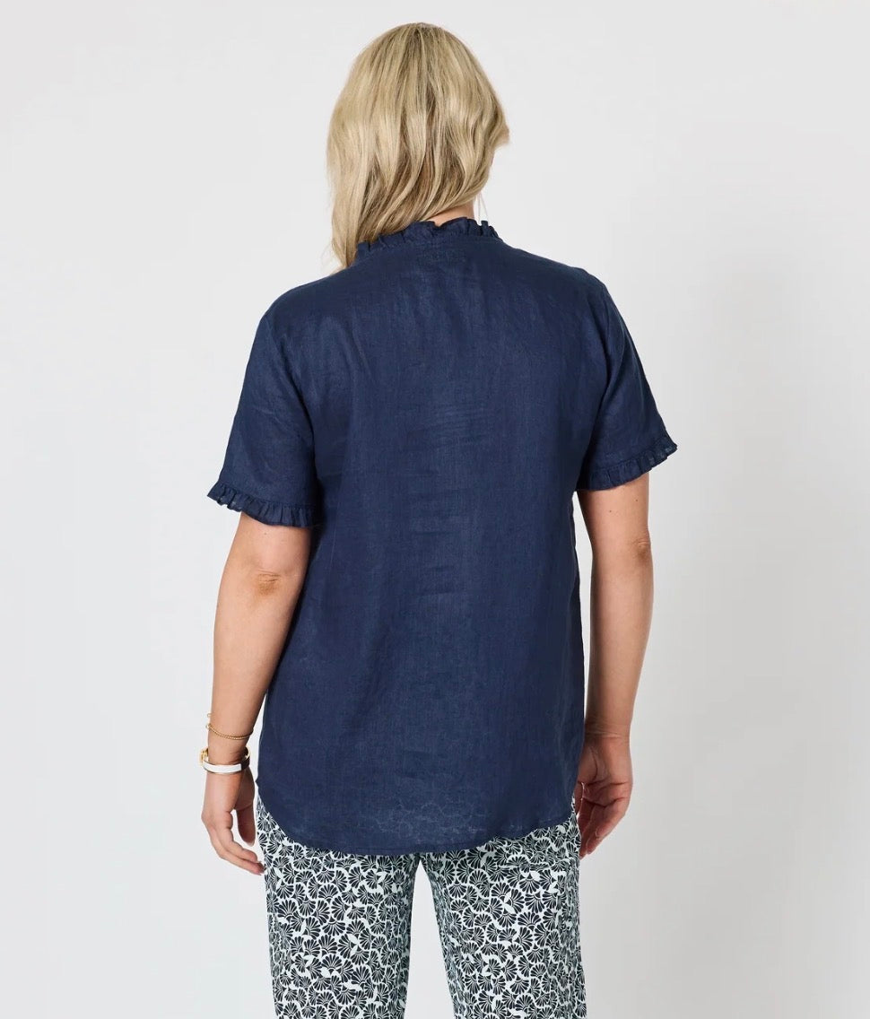 Audrey Ruffle Linen Top - Navy