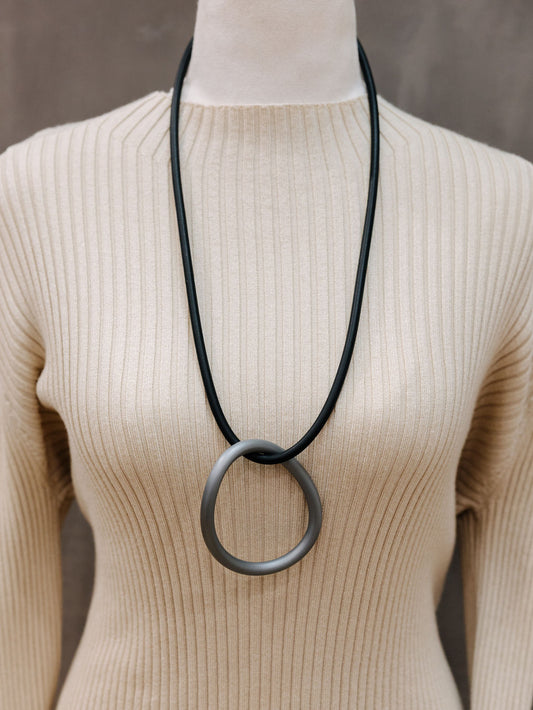 Long Rubber Pendant: O Necklace - Silver