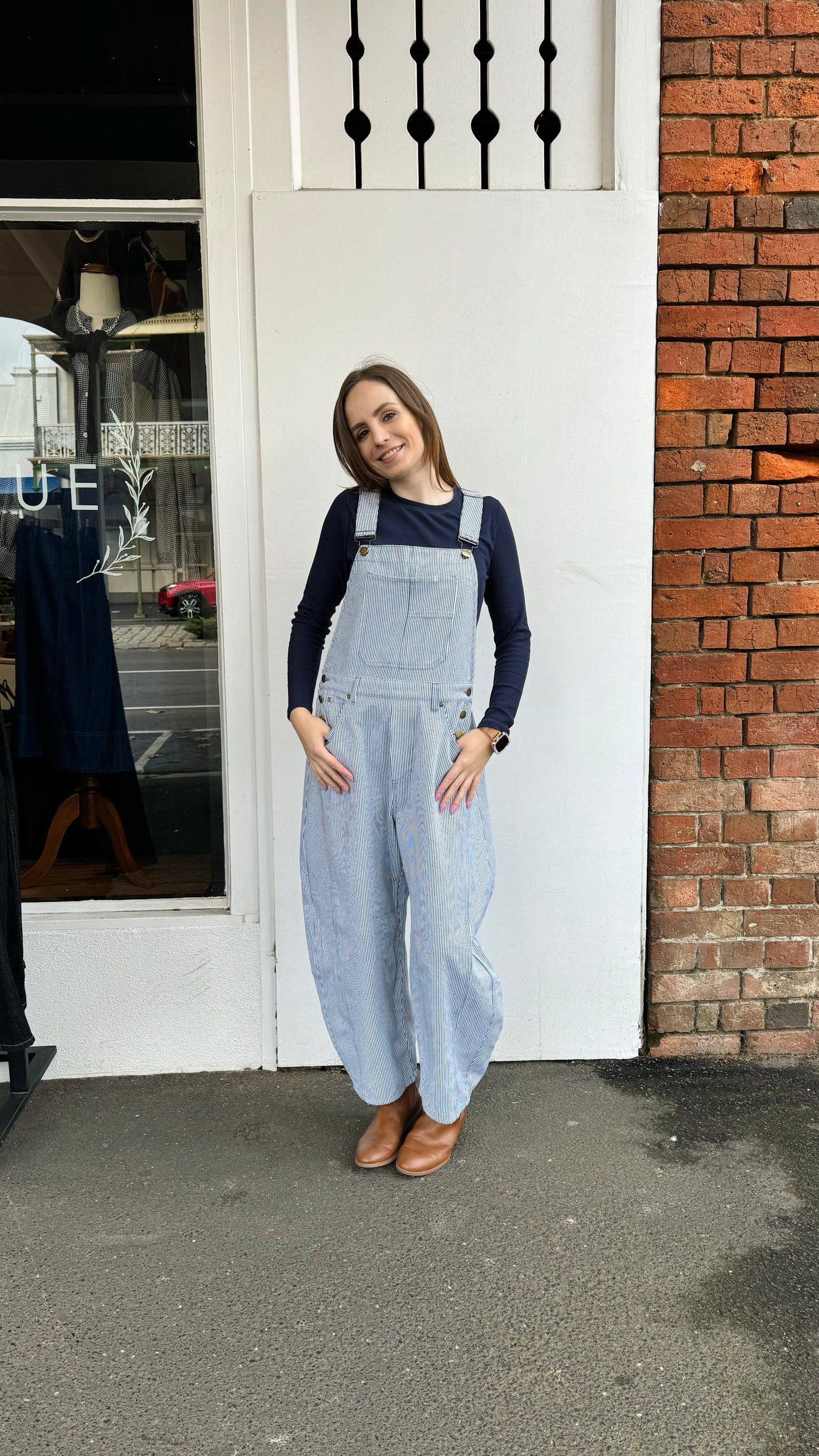 Pinstriped Barrel Leg Overalls- Blue