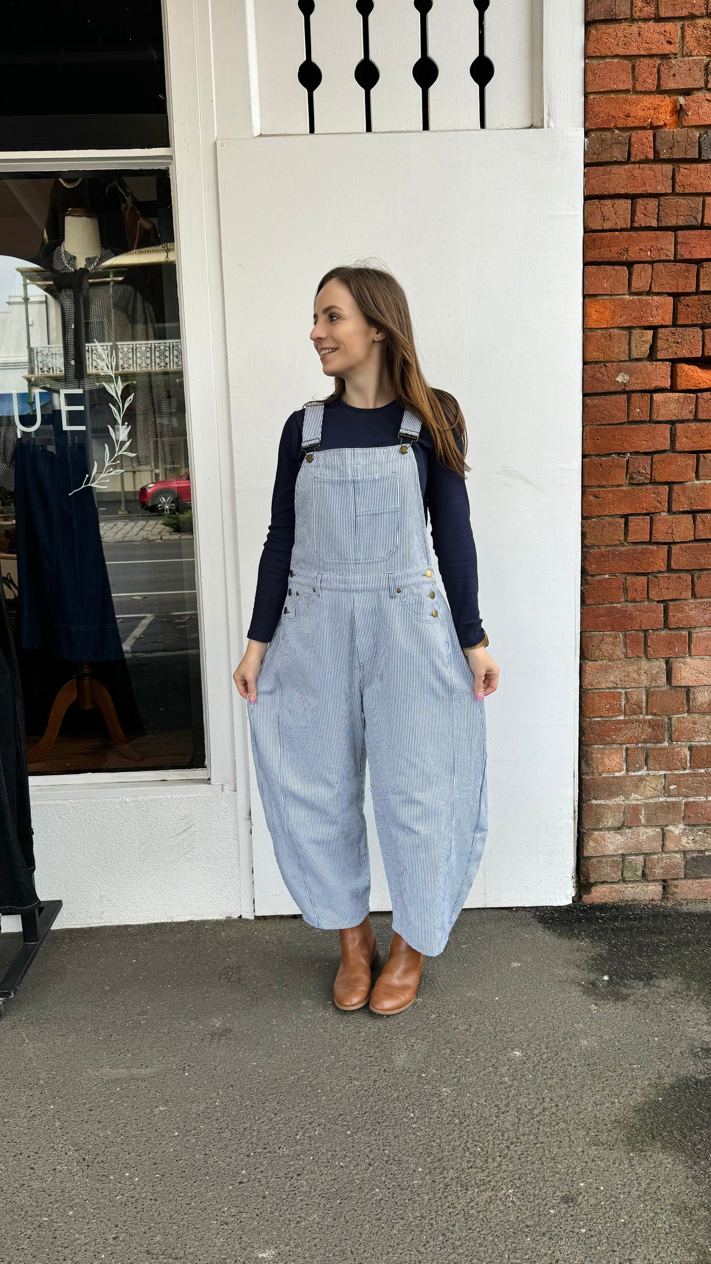 Pinstriped Barrel Leg Overalls- Blue