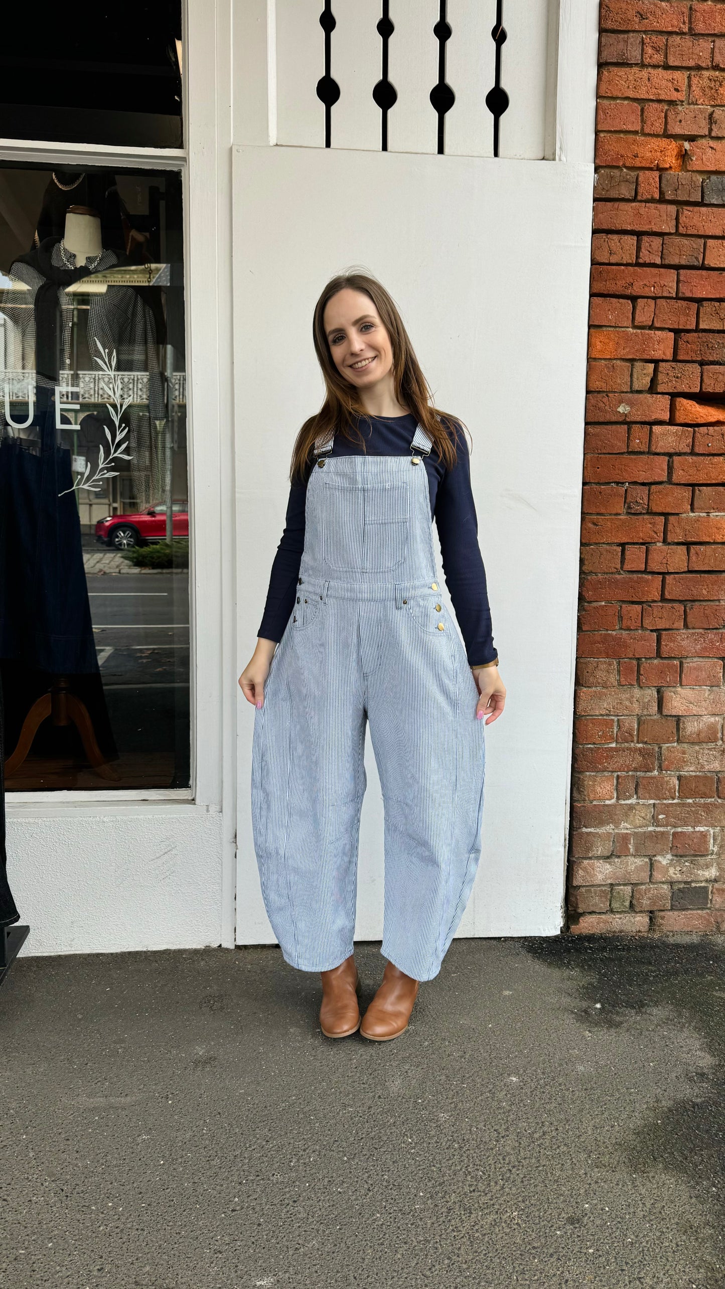 Pinstriped Barrel Leg Overalls- Blue