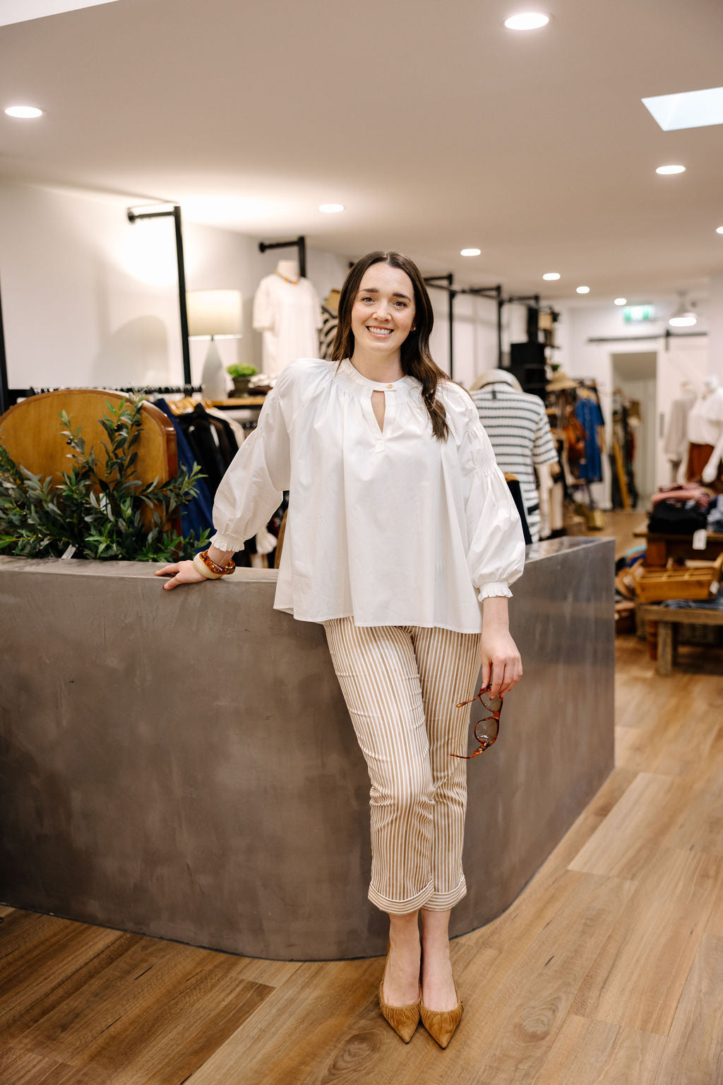 Smocked Neck Cotton Blouse - White