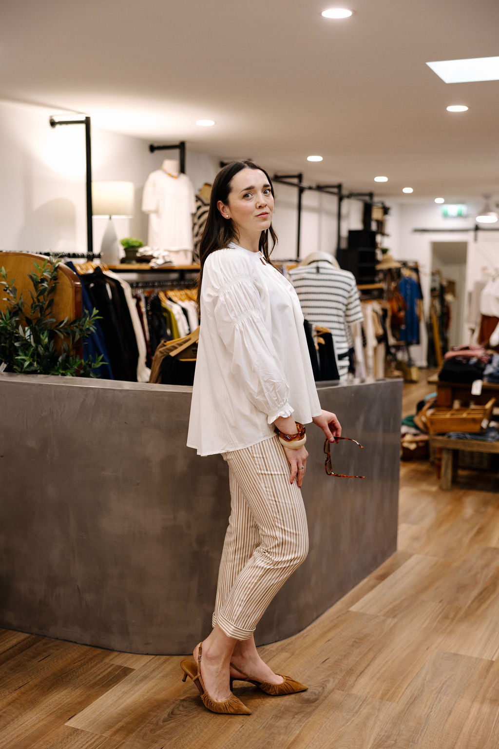 Smocked Neck Cotton Blouse - White