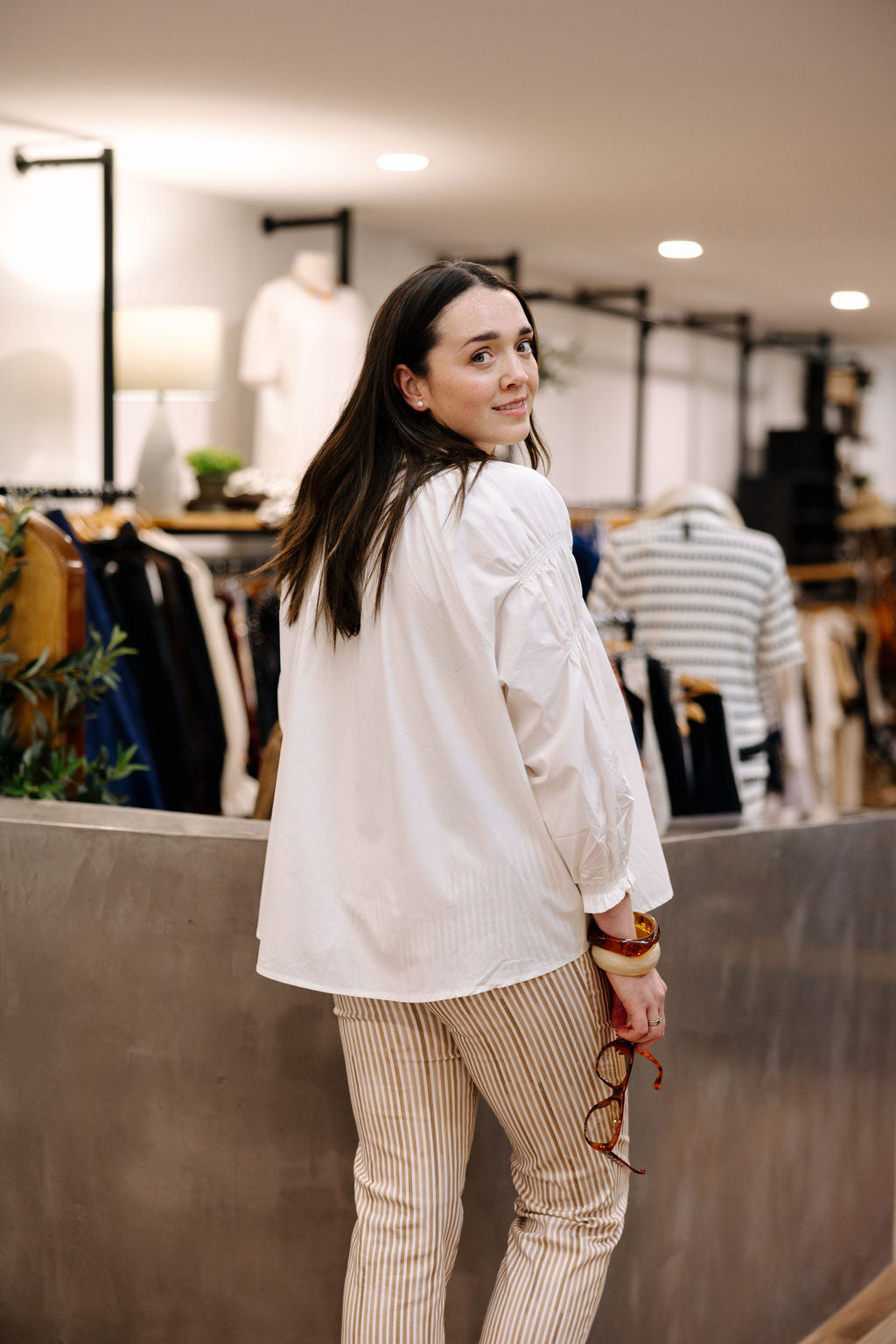 Smocked Neck Cotton Blouse - White
