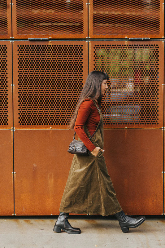 Corduroy Midi Overall Dress- Dark green