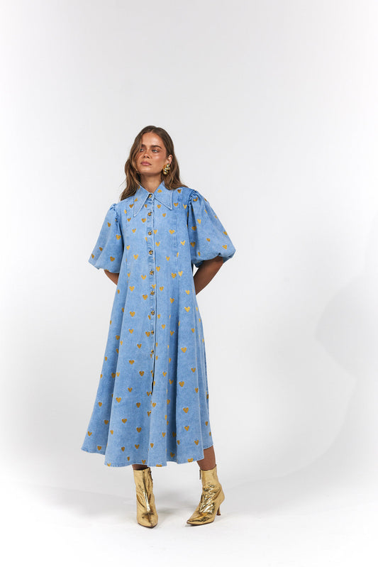 La Bohème Girls Peyton Midi Dress Denim Hearts
