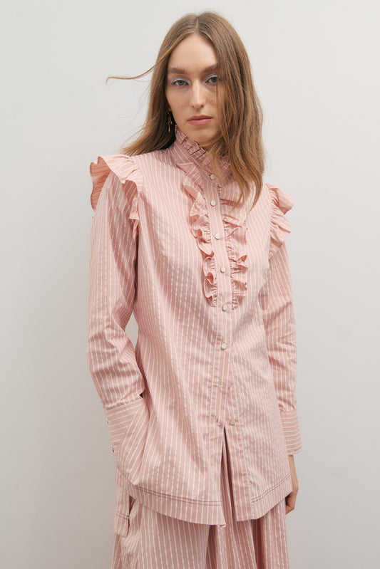 Rue Frill Shirt- Rosewater Stripe