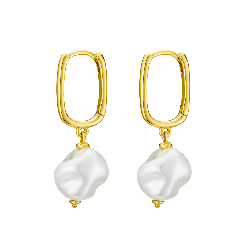 Pearl Drop Earrings & Oblong Hoop / Gold