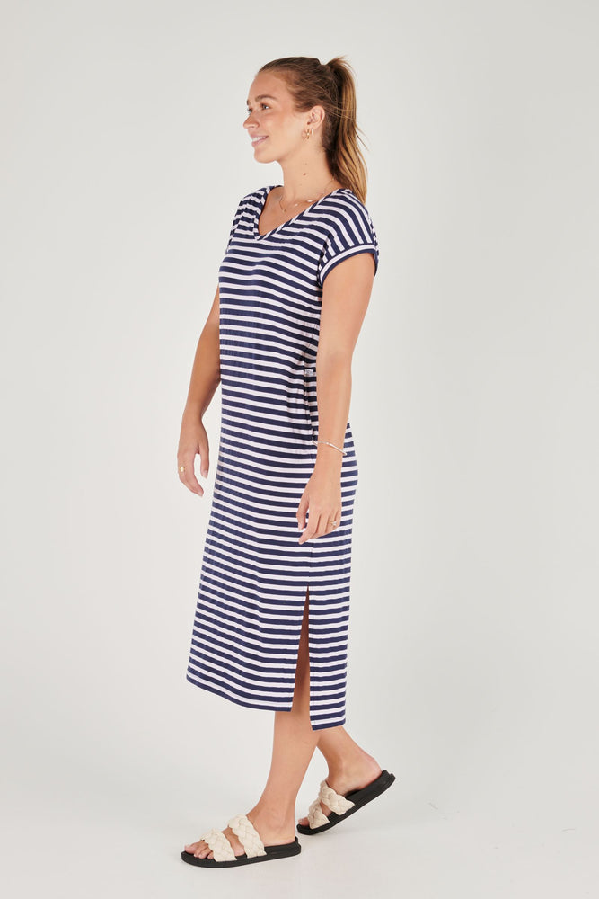 Side Split Maxi Dress - Navy/White Stripe