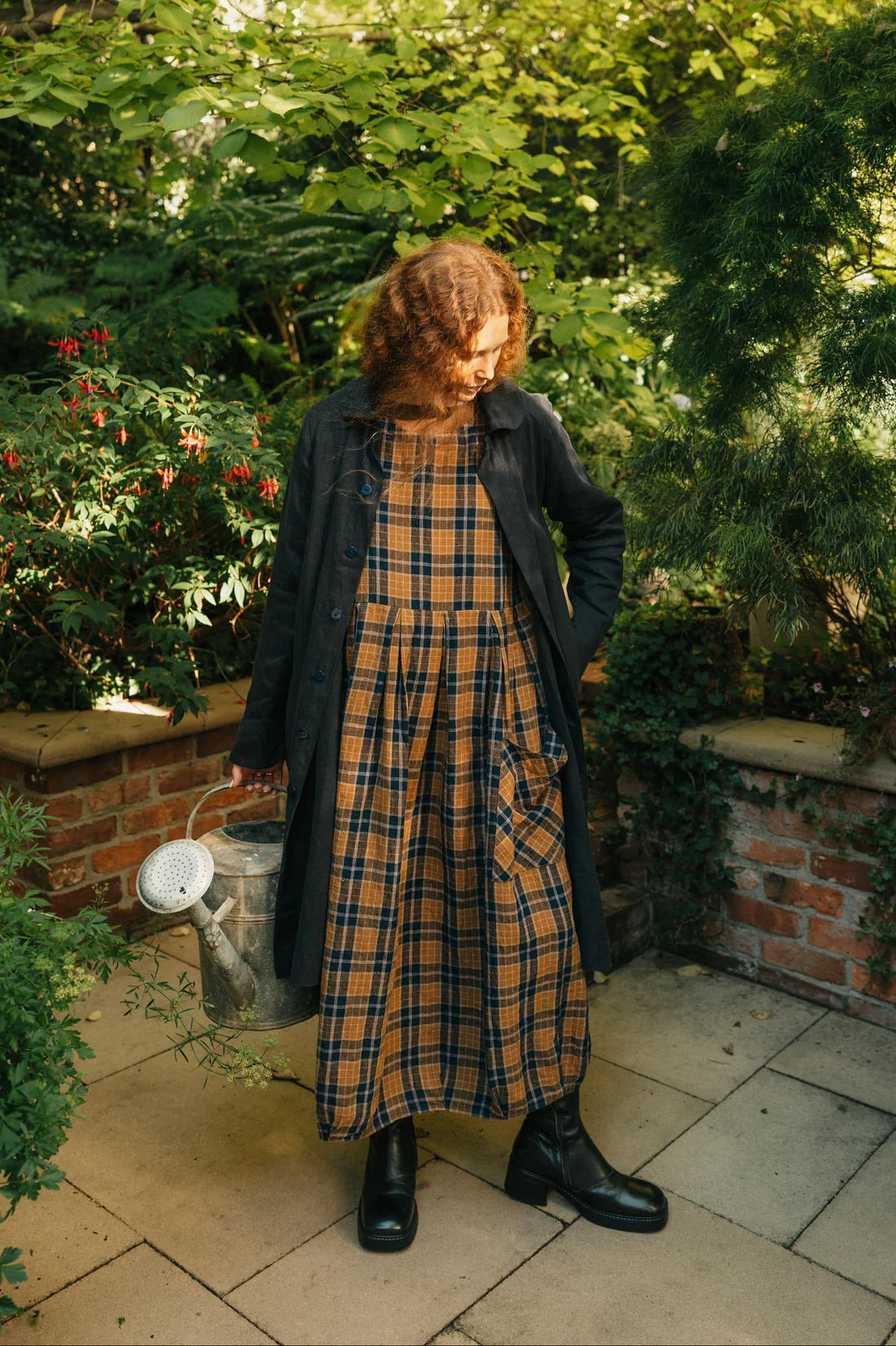 French Linen Dress - Blue Tweed Check