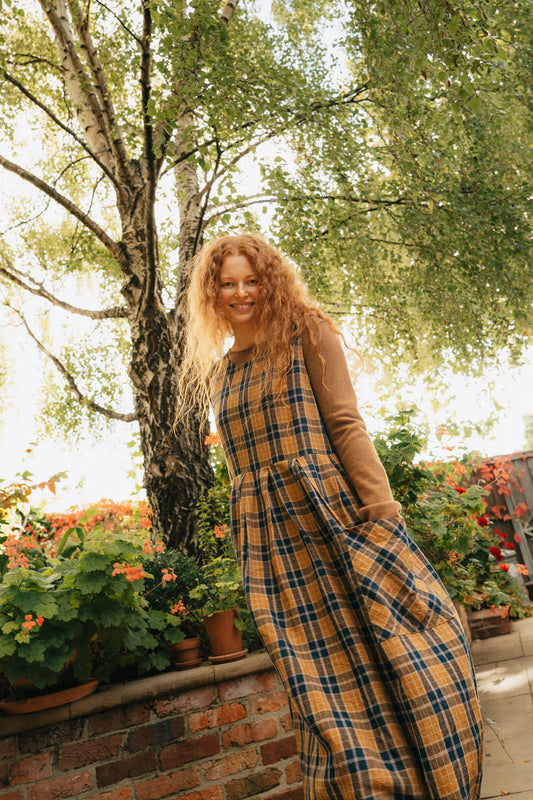 French Linen Dress - Blue Tweed Check