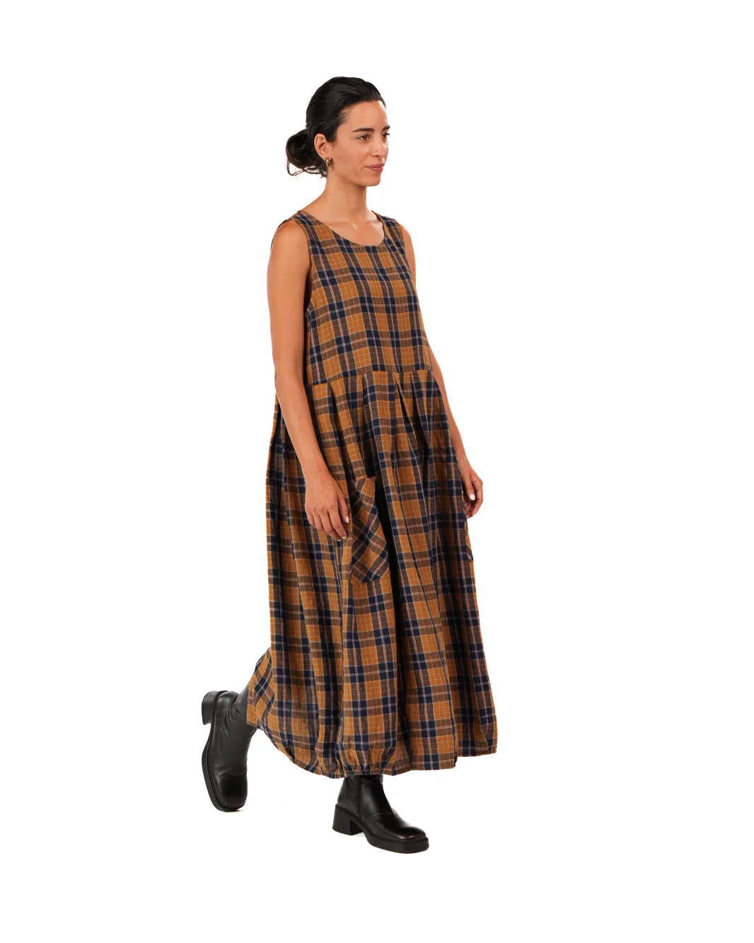 French Linen Dress - Blue Tweed Check