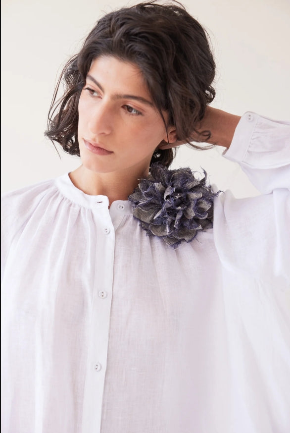 Fabric Flower Brooch - Dusty Denim Linen