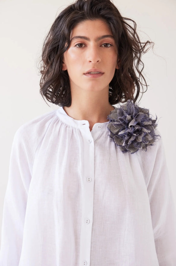 Fabric Flower Brooch - Dusty Denim Linen