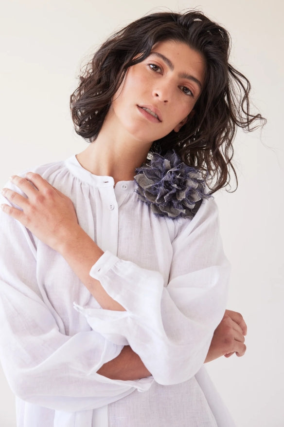 Fabric Flower Brooch - Dusty Denim Linen